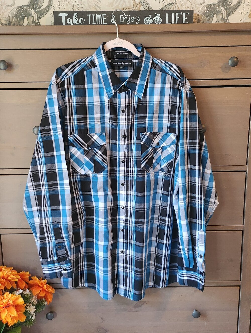 Blue Plaid Snap Button Men's Long Sleeved Shirt